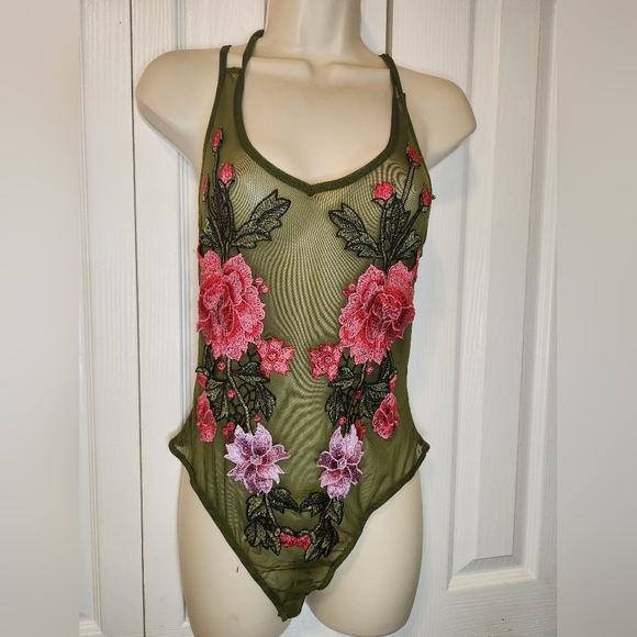 Top Chic Olive Green Sheer Mesh Floral Embroidered Bodysuit - One Size (M/L) - Picture 2 of 9